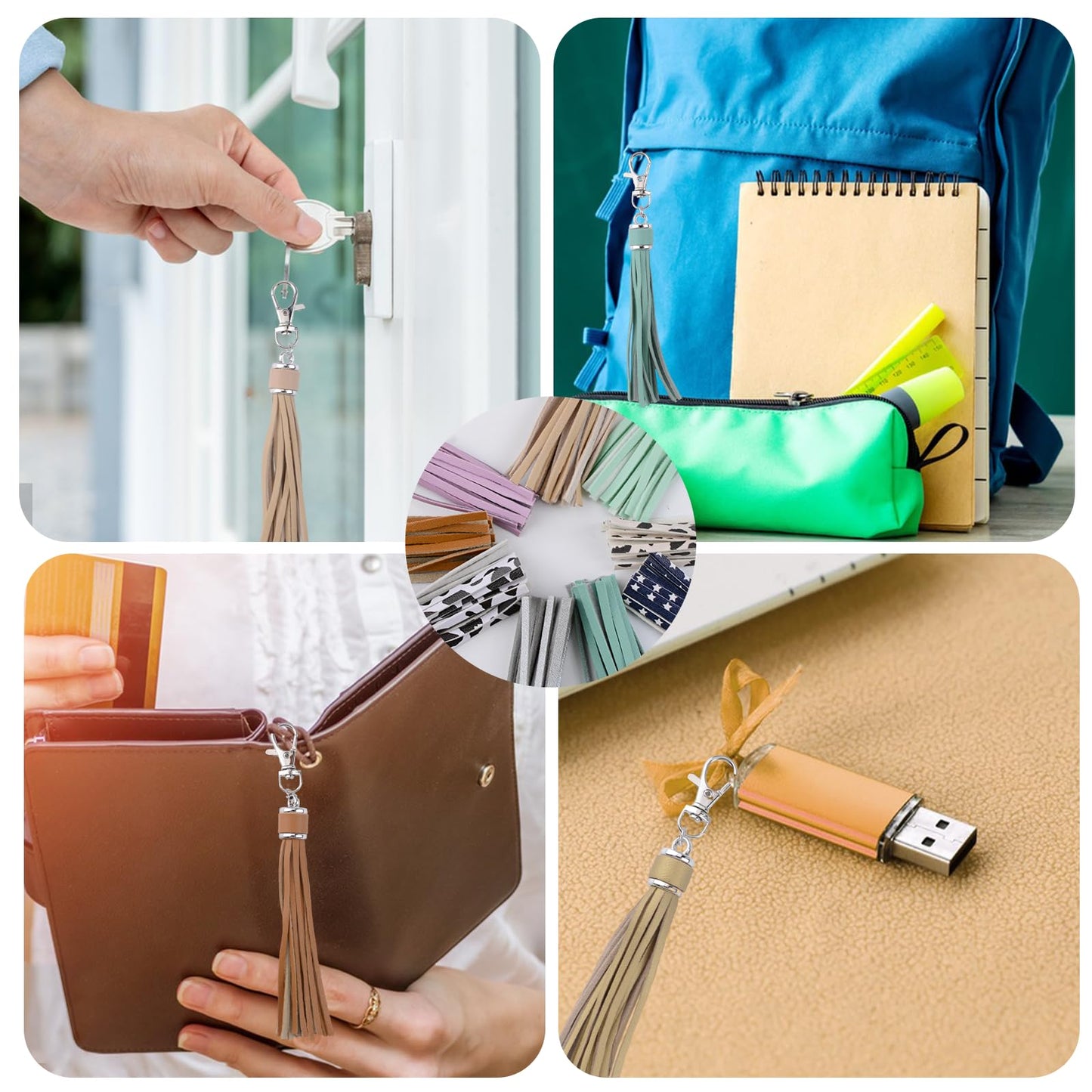 URROMA 15Pcs Faux Leather Tassel Pendant, Colourful Artificial Leather Tassels with Silver Lobster Buckle DIY Keychain and Craft Bag Decor Supplies