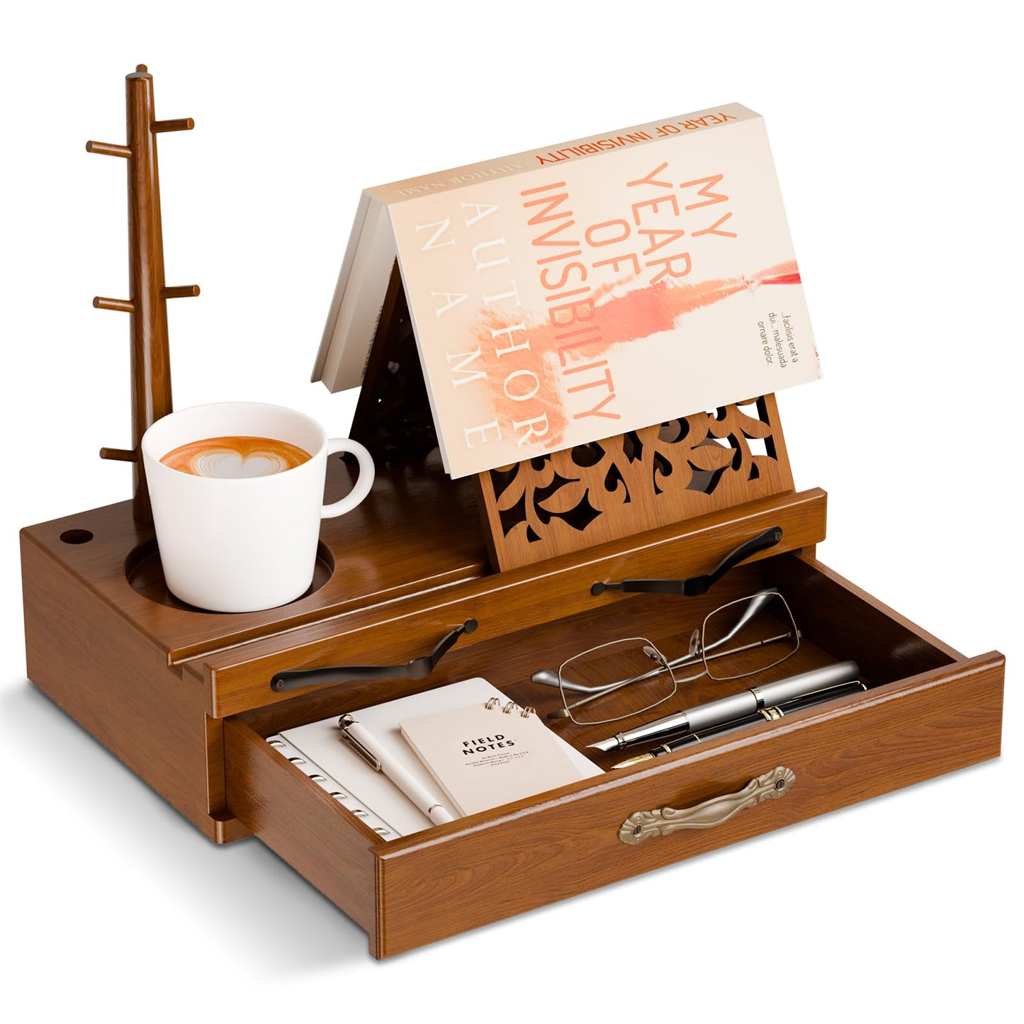 Adjustable Wooden Book Stand with Storage - Multi-Function Hands Free Book Holder for Books, Tablets & Recipes with Cup Slot, Pen Groove & Page Holder - Perfect Kitchen Counter & Gifts for Book Lovers