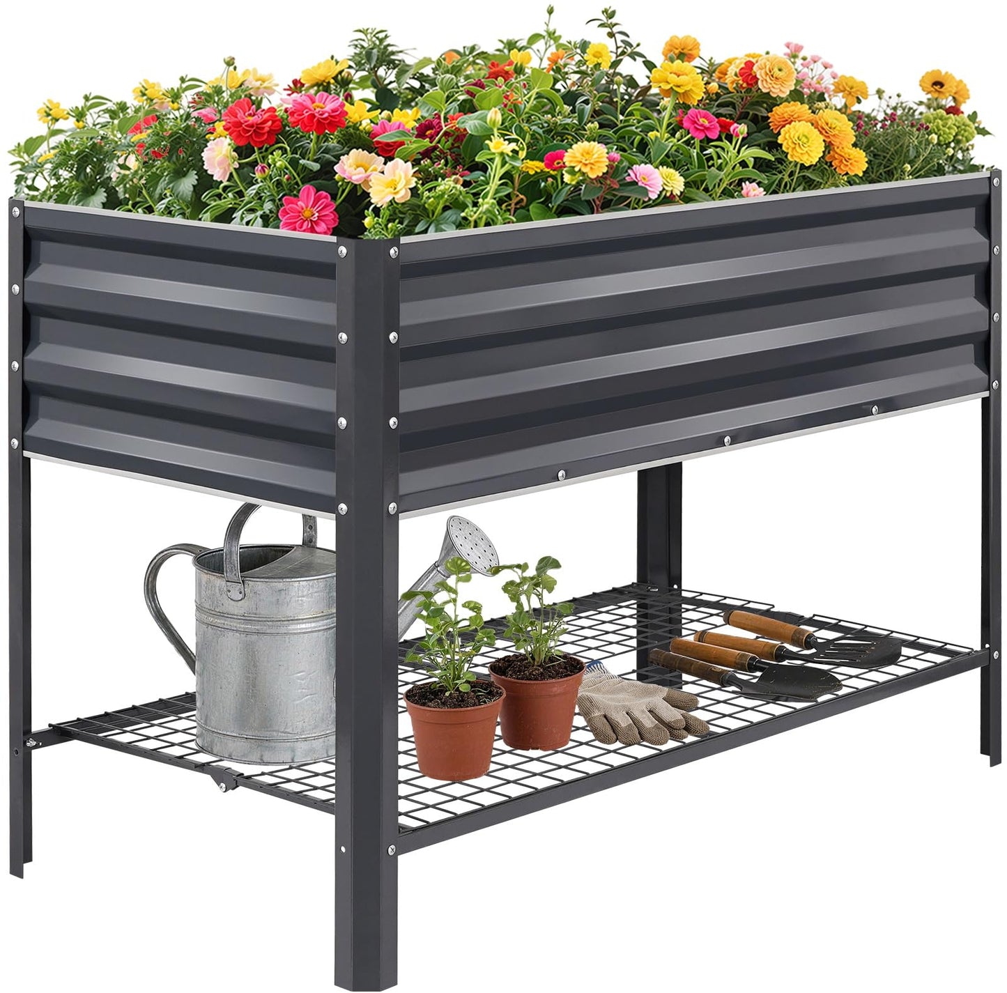 1MORE Elevated Raised Garden Bed with Legs & Storage Rack, 48×24×32in Large Metal Raised Bed for Backyard, Patio. Raised Planter Box with Drainage Holes for Plants Vegetables Flowers Fruits(Grey-1pcs)