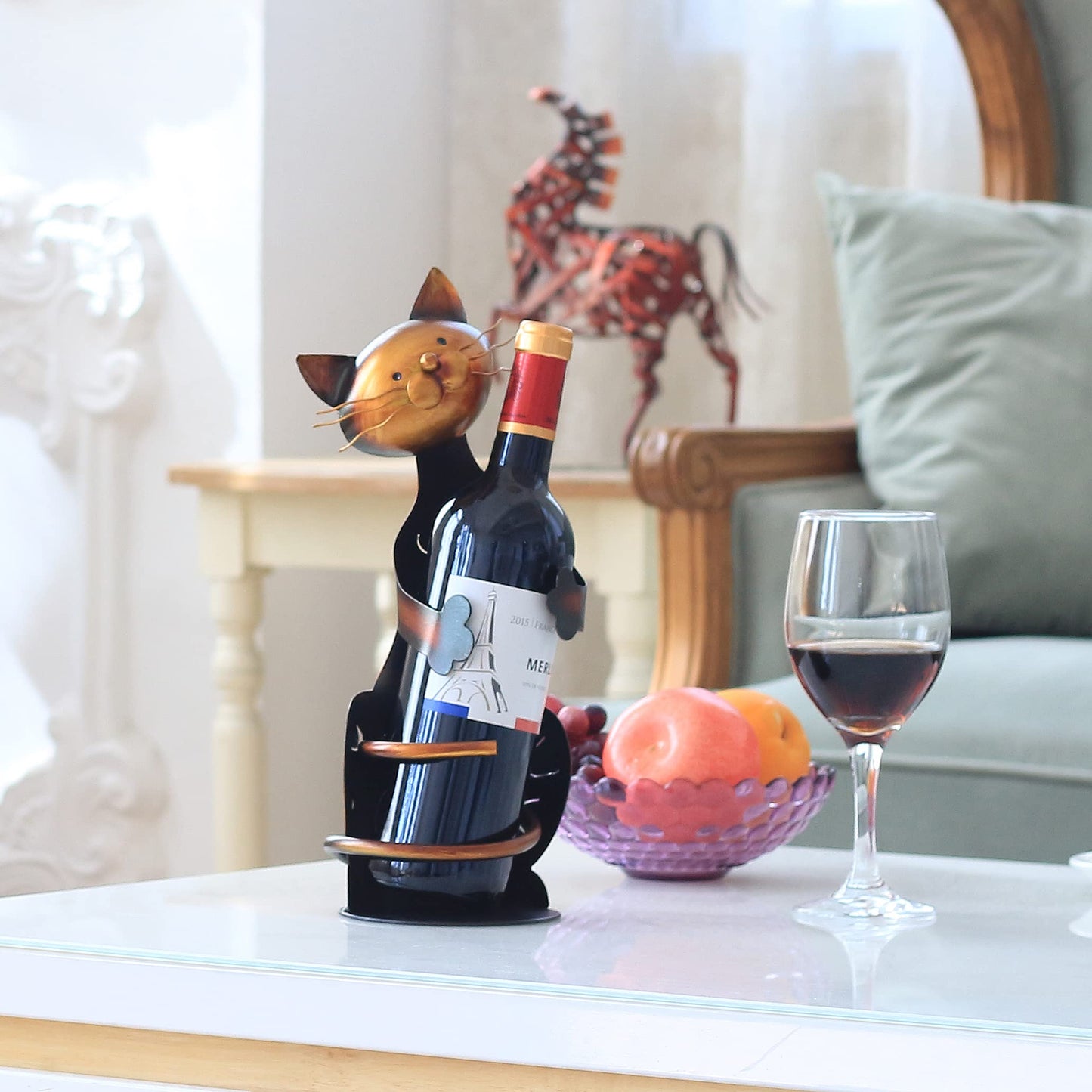Tooarts Cat Shaped Wine Holder Wine Rack shelf Metal Sculpture Practical Home decoration Crafts