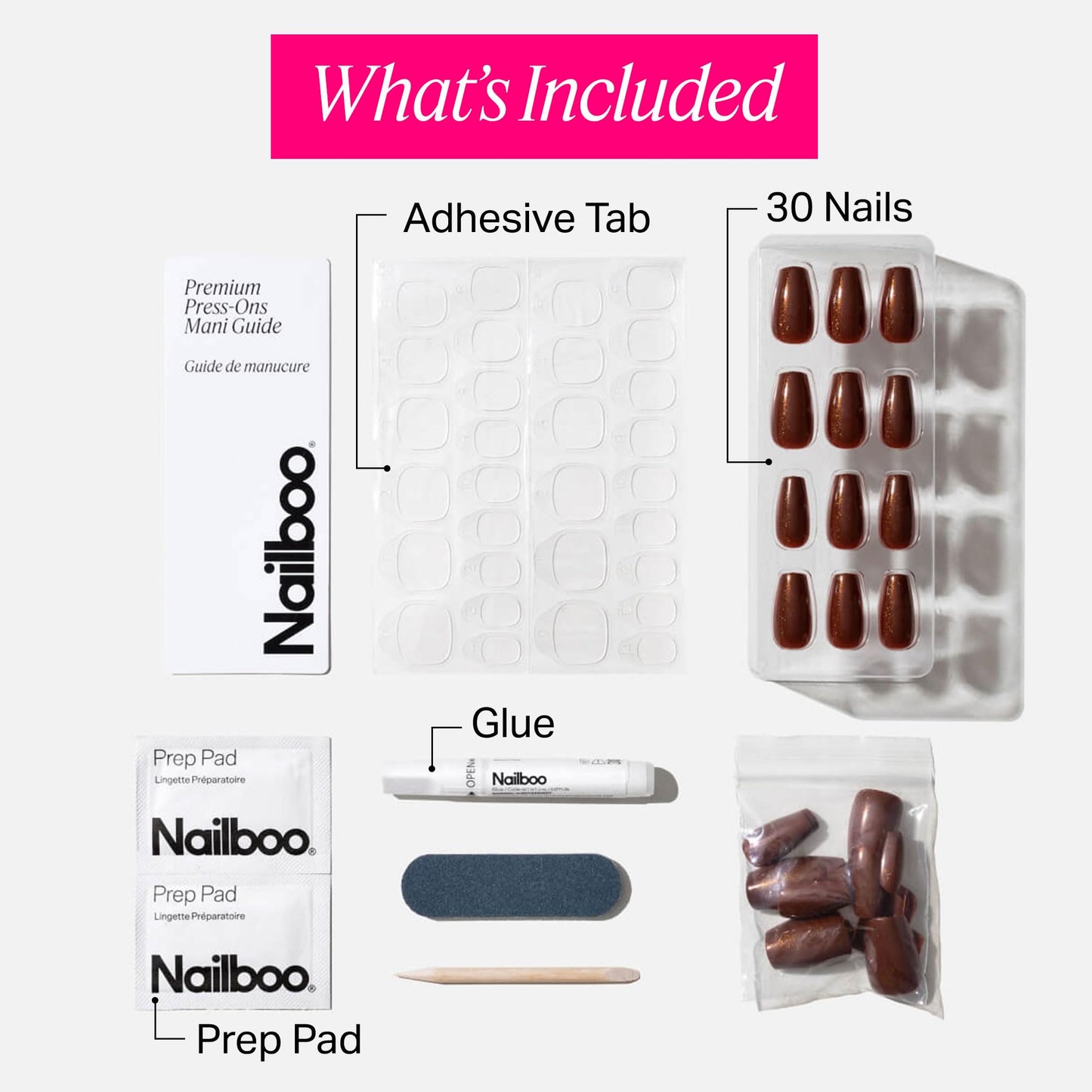 Nailboo Press On Nails, Salon-Quality Reusable Fake Nails for Fast DIY Manicure with Strong Hold Nail Glue for Press Ons, Nail File, & Alcohol Prep Pads, Bronco Brown
