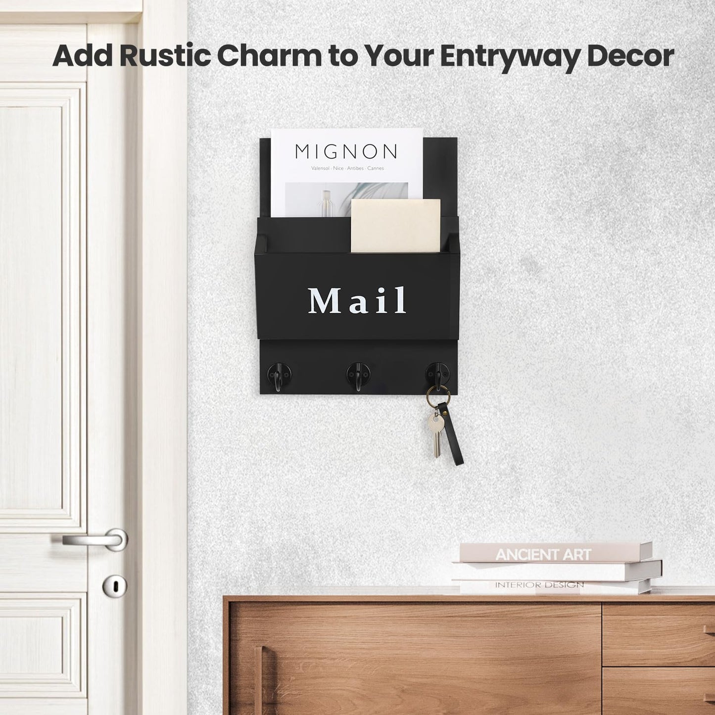 Lucundm Mail and Key Holder - Decorative 8.86" x 11.42" Wall Key Hanger with 2 Mail Organizer Slots and 3 Hooks - Real Paulownia Wood with Keyhole Brackets, Hardware and Instructions (Black)