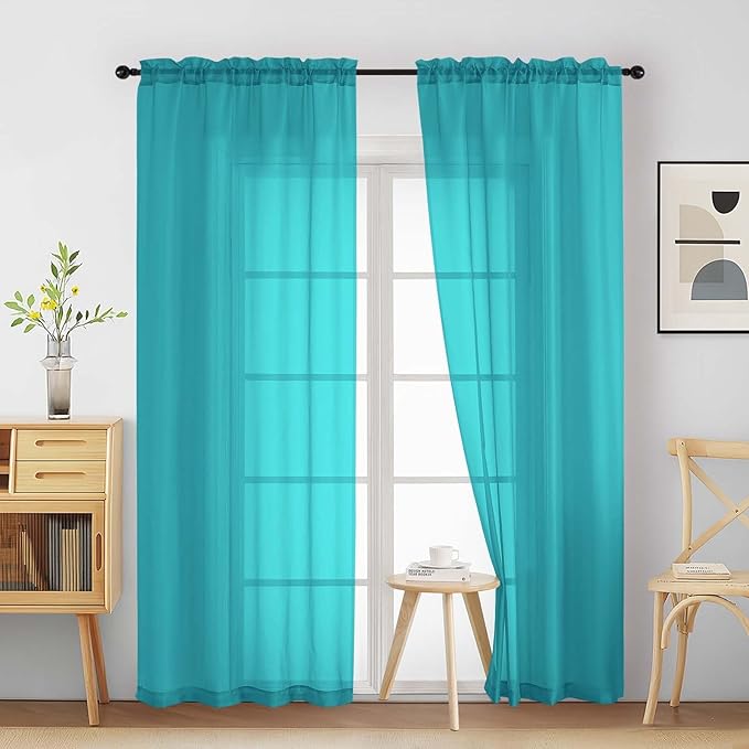Turquoise Sheer Curtains 84 Inches Long 2 Panels, Elegant Airy Transparent Light Filtering Window Curtains, Window Drapes for Living Room Bedroom, Top Dual Rod Pocket Design, 2x42Wx84L Inches