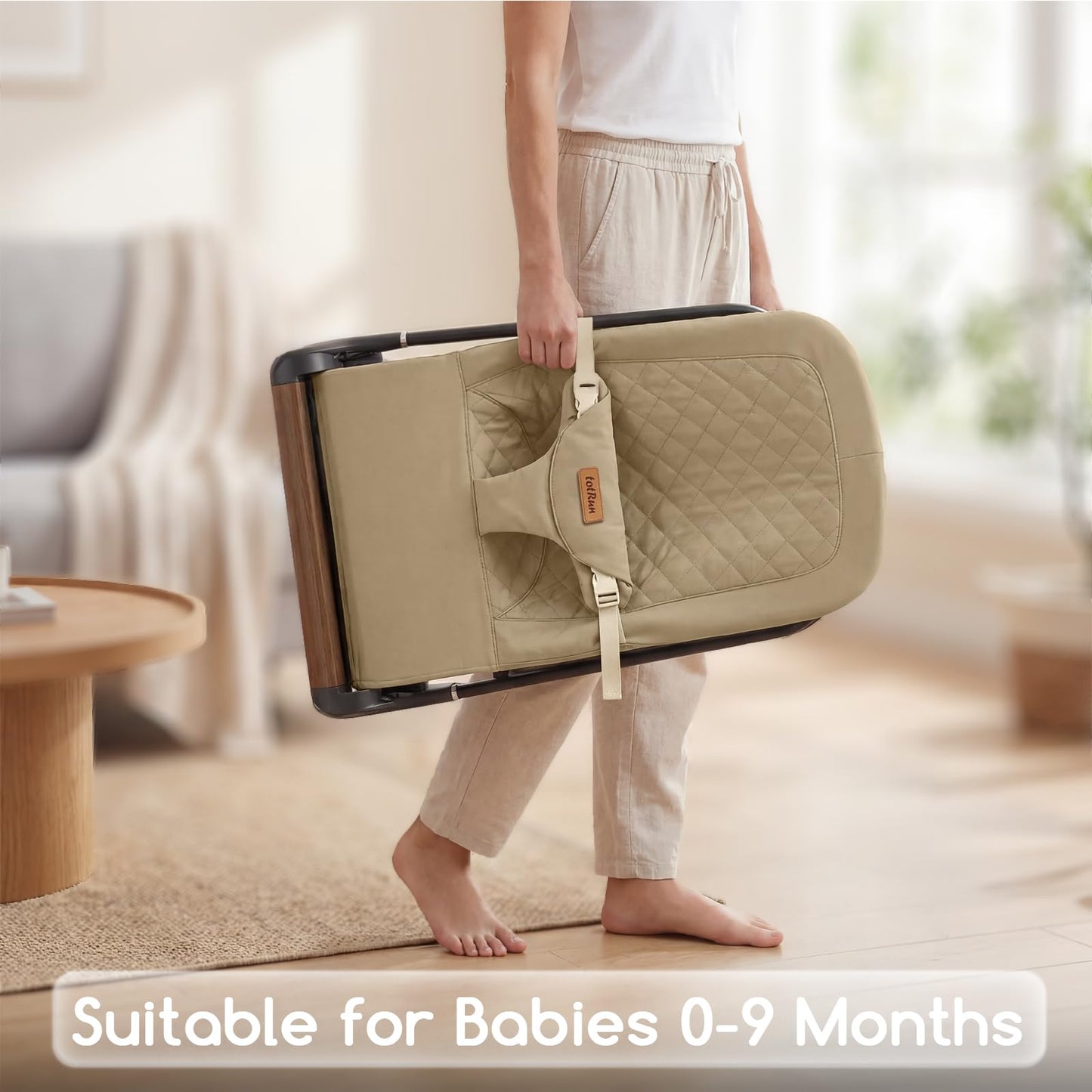 Foldable Baby Bouncer Seat - Portable Infant Bouncer with Adjustable Height, Khaki Polyester
