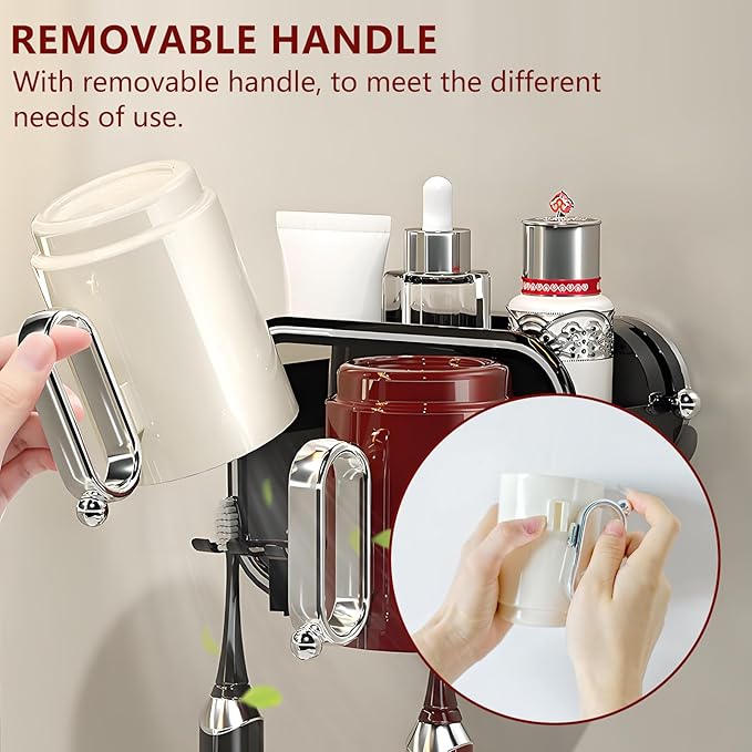 Wall Mounted Suction Toothbrush Holder with 2 Cups, Large Capacity Bathroom Organizer, Storage for Toothpaste, Face Wash-No Drill Adhesive for Wall