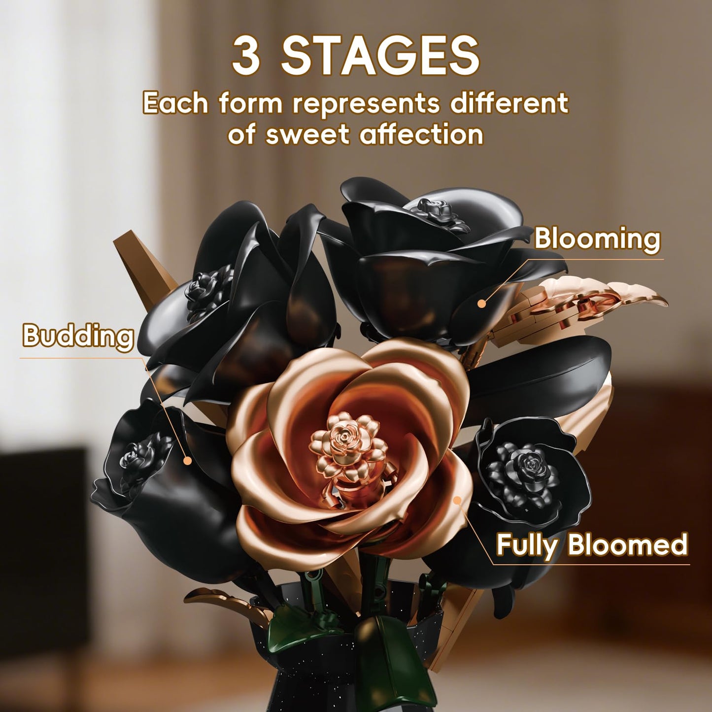 APENGBAOL Black Roses Flower Bouquet Building Set with Vase - 255 Pcs Botanical Collection with Rose Gold Accent Artificial Floral Centerpiece Gothic Home Decor Gift for Adults