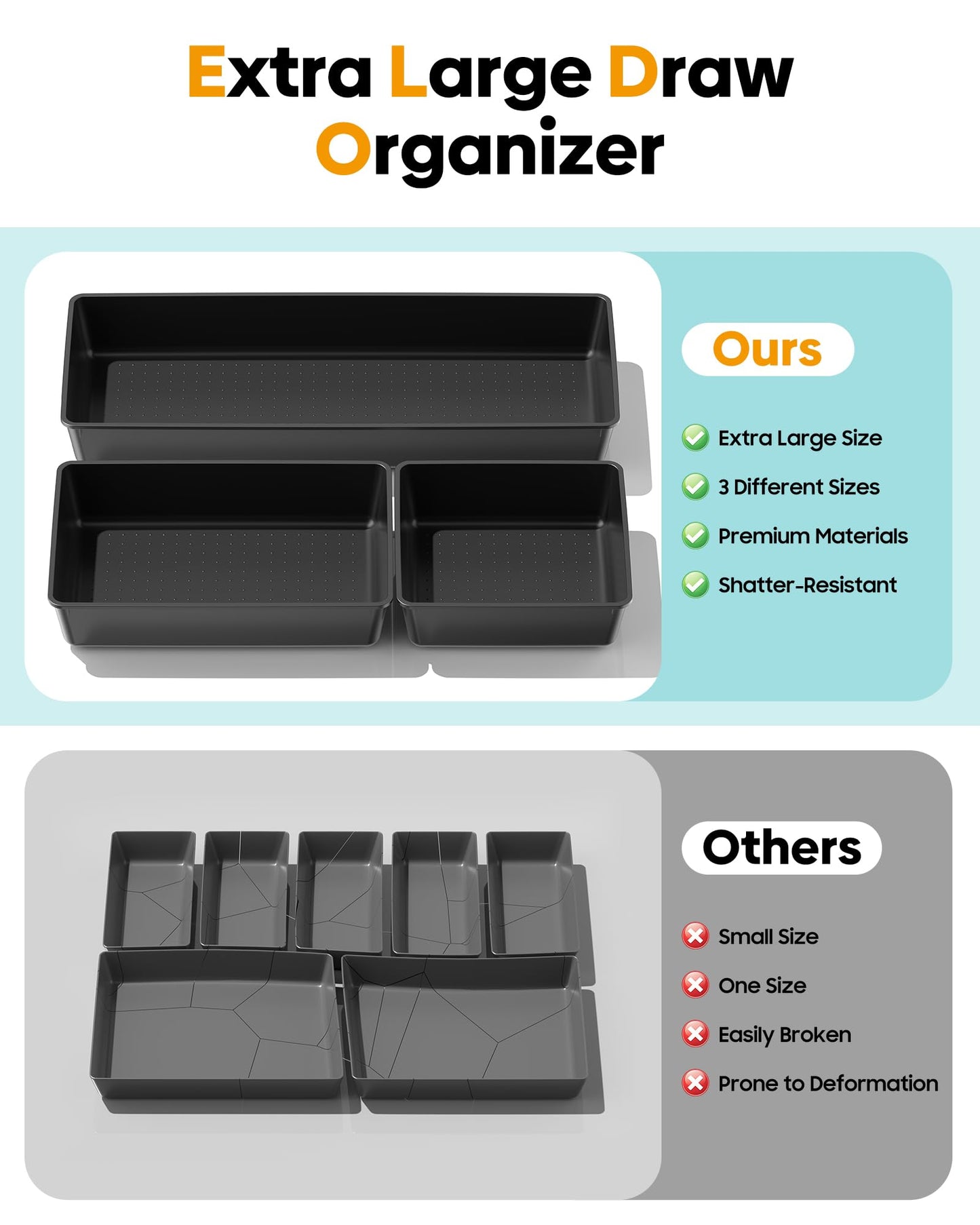 MLIKLU 10 Pack Large Size Plastic Drawer Organizers Set, 3 Sizes Desk Drawer Organizer Trays, Storage Bins for Vanity, Makeup, Bathroom, Kitchen Utensils and Office (Black)