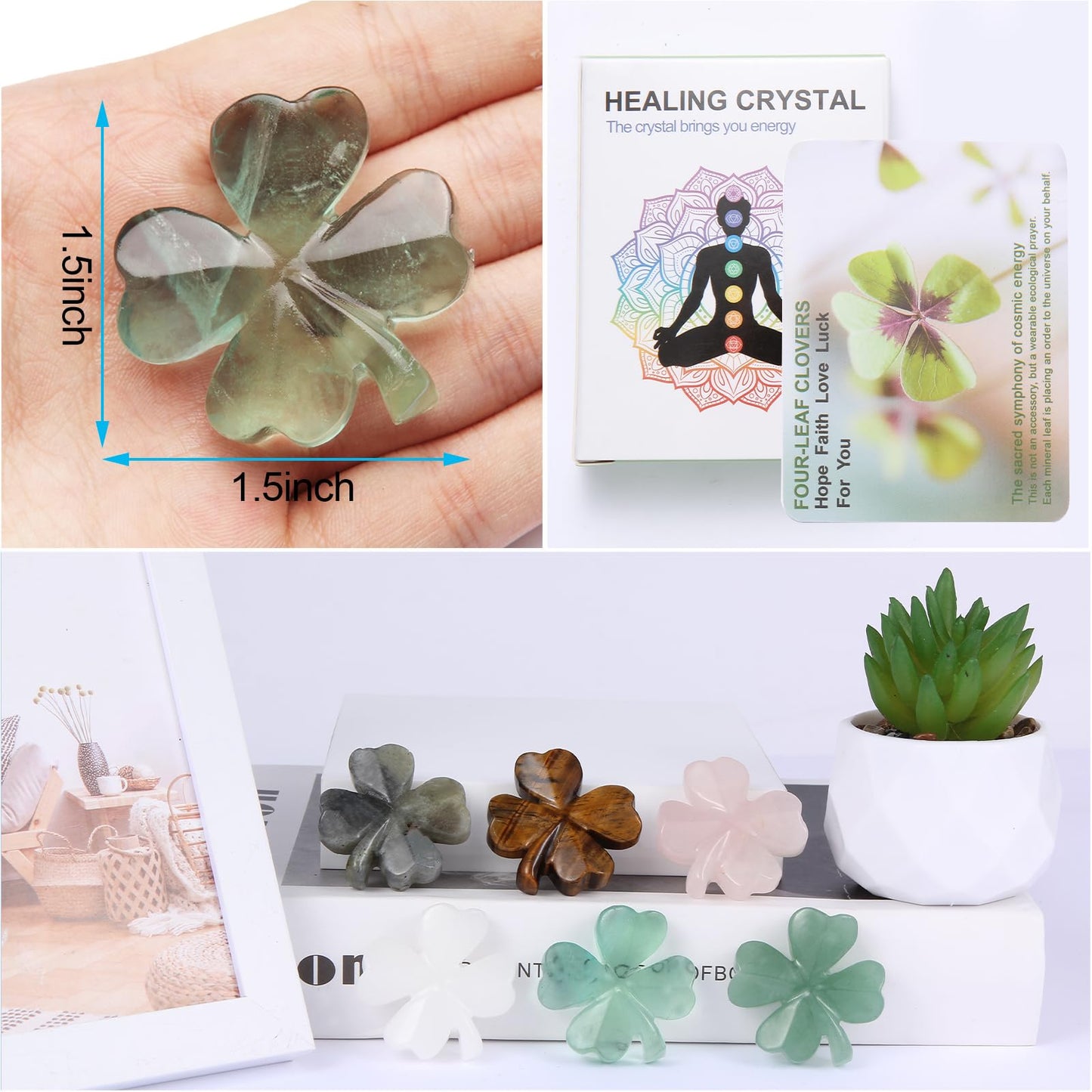 Hguxmcu Natural Fluorite Four Leaf Clover - Feng Shui Lucky Crystal for Love Positivity, Polished Healing Stone Decor, Birthday Gift for Her Gift for Women Men