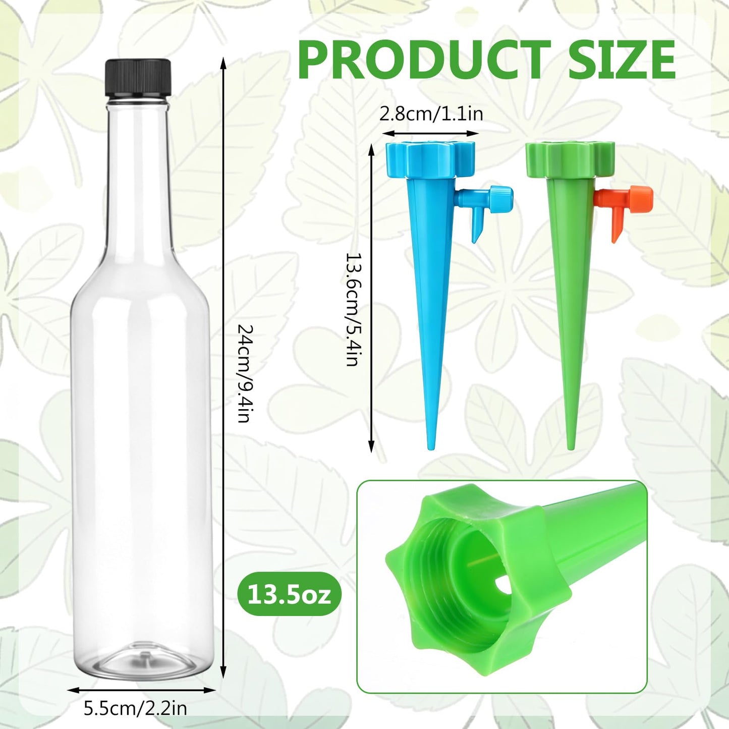 Ferrochef 6 Set Plant Watering Devices with Self Watering Spikes Automatic Planter Insert Spikes with Bottle Waterer Devices with Adjustable Control Valve for Vacation Garden Indoor (13.5 oz Bottle)