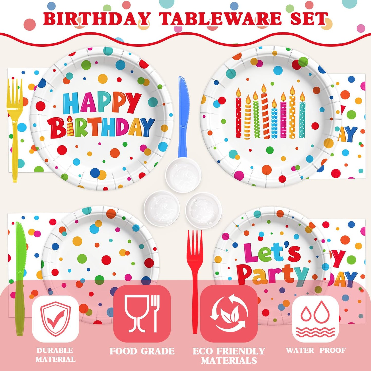 195 Pcs Birthday Party Supplies (Serves 24), Happy Birthday Party Dots Design Decorations Include Banner Hanging Plates Napkins Cups Forks Knifes Tablecloth Topper Balloons for Decorations