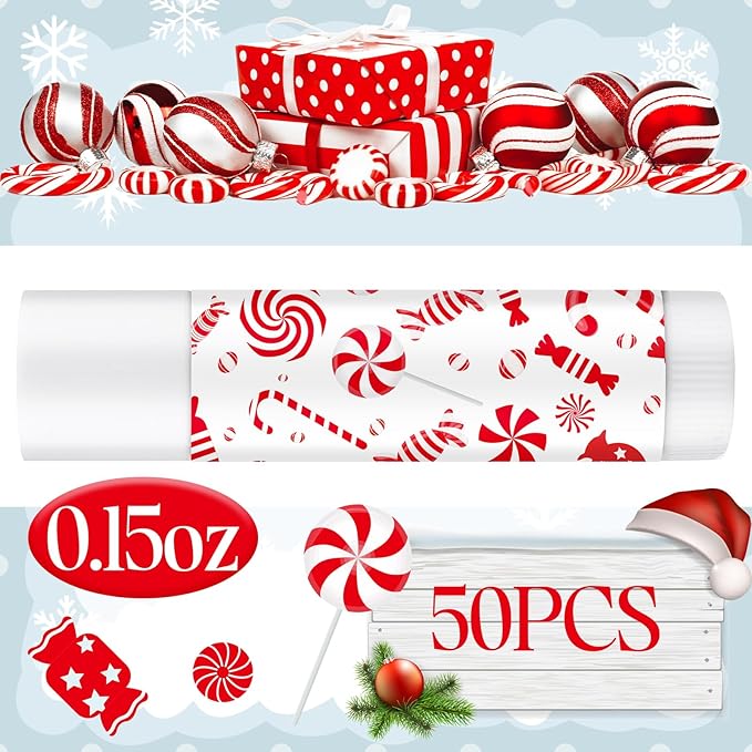 50 Pack Christmas Lip Balms Bulk Christmas Candy Peppermint Cane Scented Holiday Flavor Lip Balm Gifts Xmas Party Gifts Bulk Xmas Items Stocking Stuffers for Women Men Staff Employee (Lollipop 2)