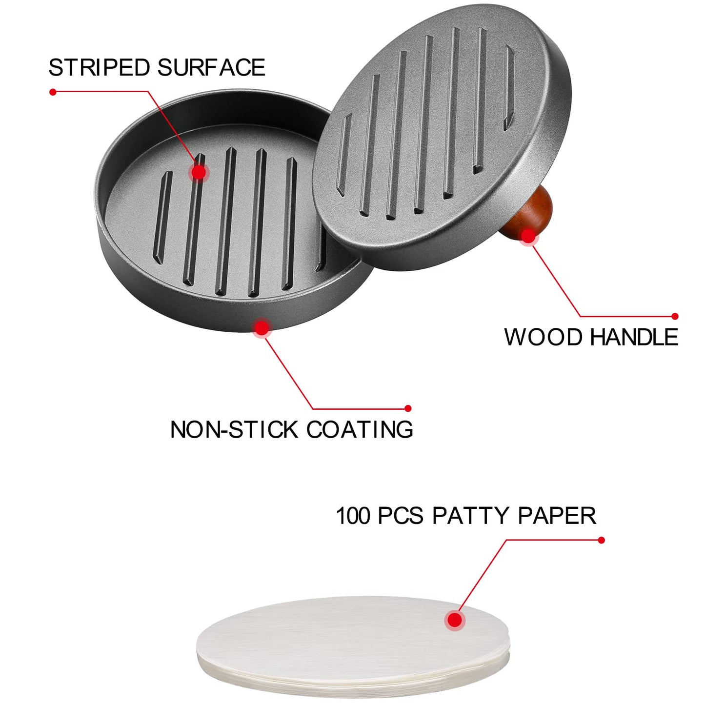 PIQUEBAR Burger Press Patty Maker Stainless Steel Hamburger Patty Press Mold Wood Handle Non-Stick with 100 Patty Papers