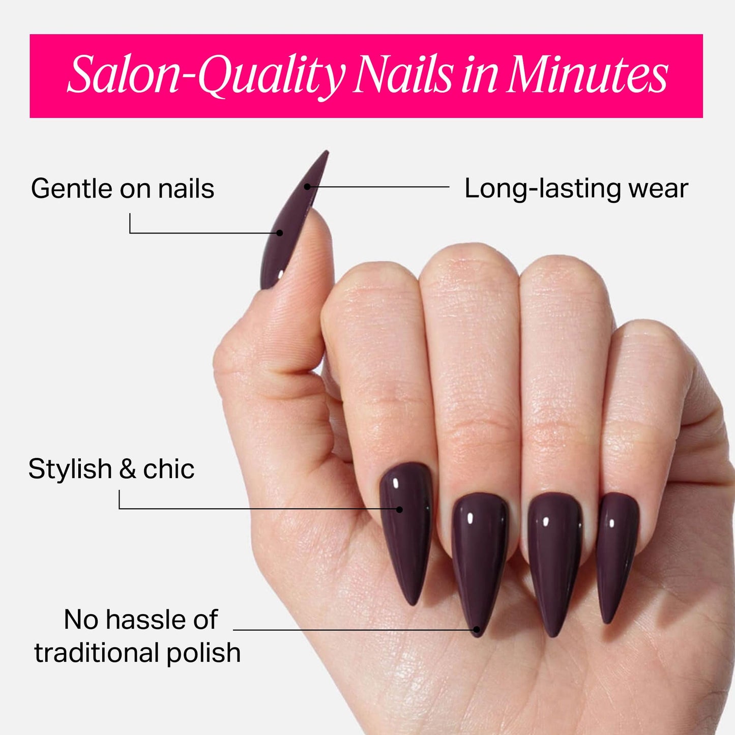 Nailboo Press On Nails, Salon-Quality Reusable Fake Nails for Fast DIY Manicure with Strong Hold Nail Glue for Press Ons, Nail File, & Alcohol Prep Pads, Wine Time