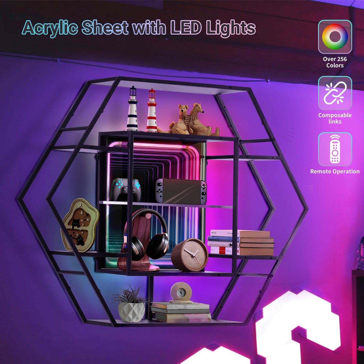 FUSLITE Infinity Mirror Gaming Floating Shelves with LED Lights, Hexagon Wall Mounted LED Shelf with RGB App Control, 36.6" Large Display Rack for Gaming Room Decor, Action Figures, Collectibles