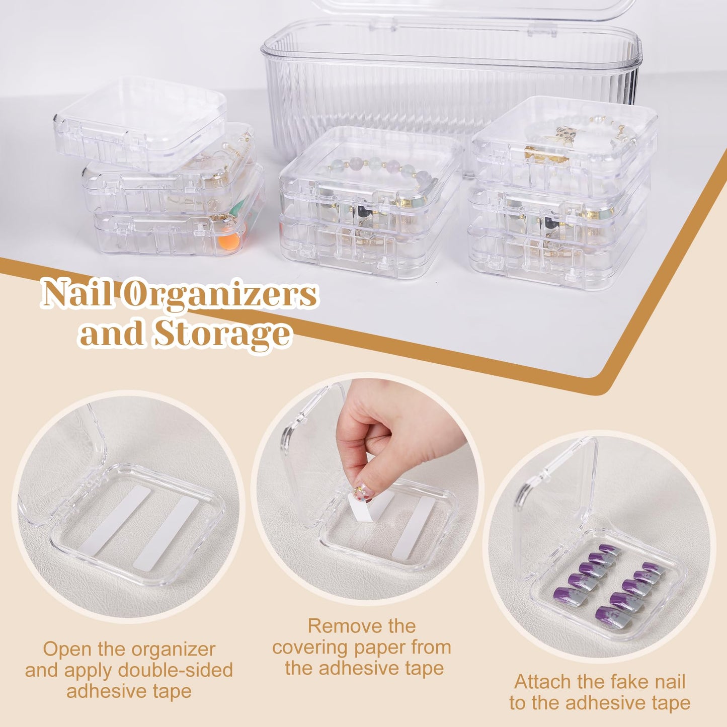 Press on Nail Storage Box,8 PCS Double Layer Press on Nail Case and 1 Big Storage Box with 60 Pcs Double Sided Adhesive Tape,Clear Acrylic Press On Nail Packaging Organizer for Fake Nail Display Salon