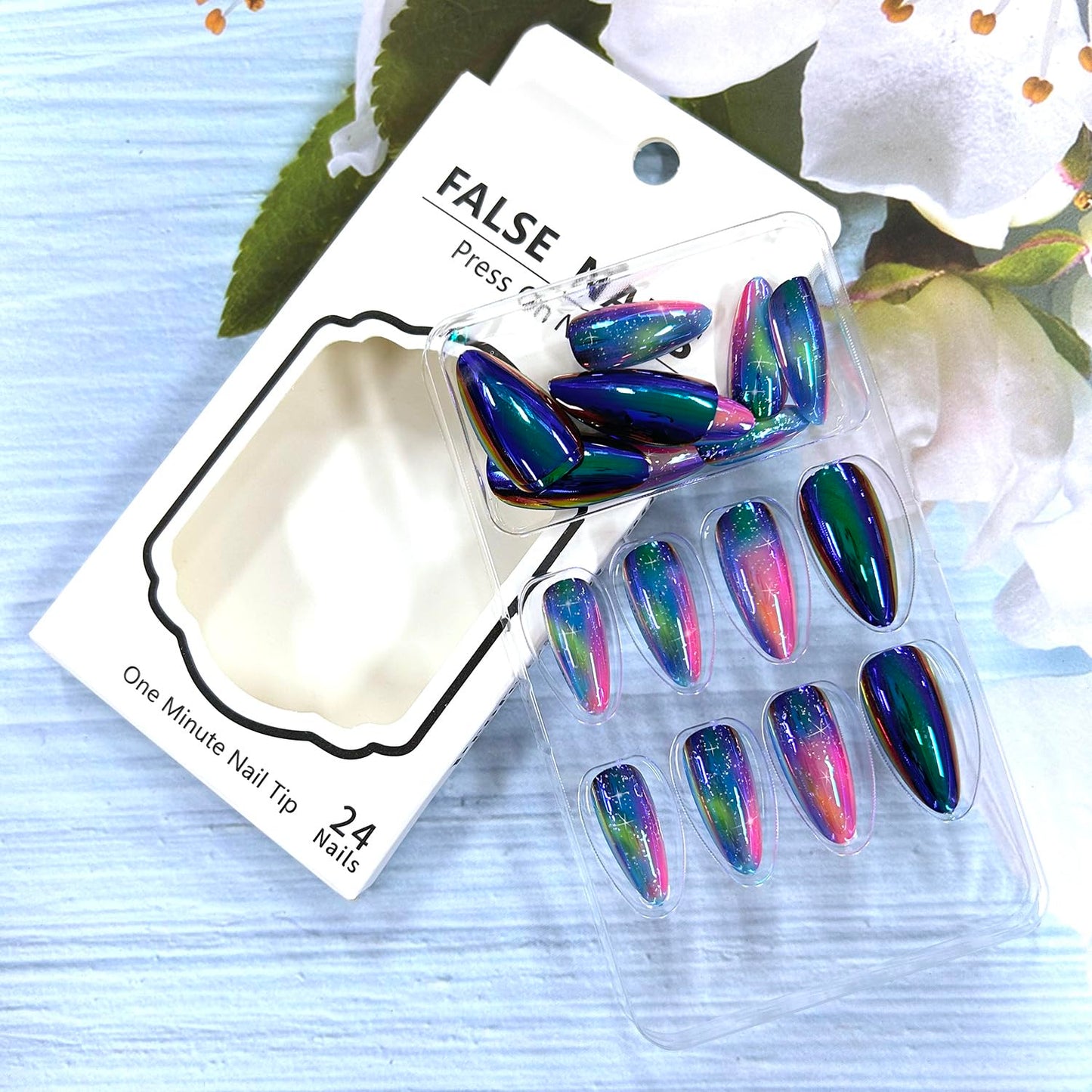 Aurora Plating Medium Colorful Smudge Free Coffin Acrylic Nails - Stars Sky Design, Full Cover Press On, Artificial, Glue On for Women