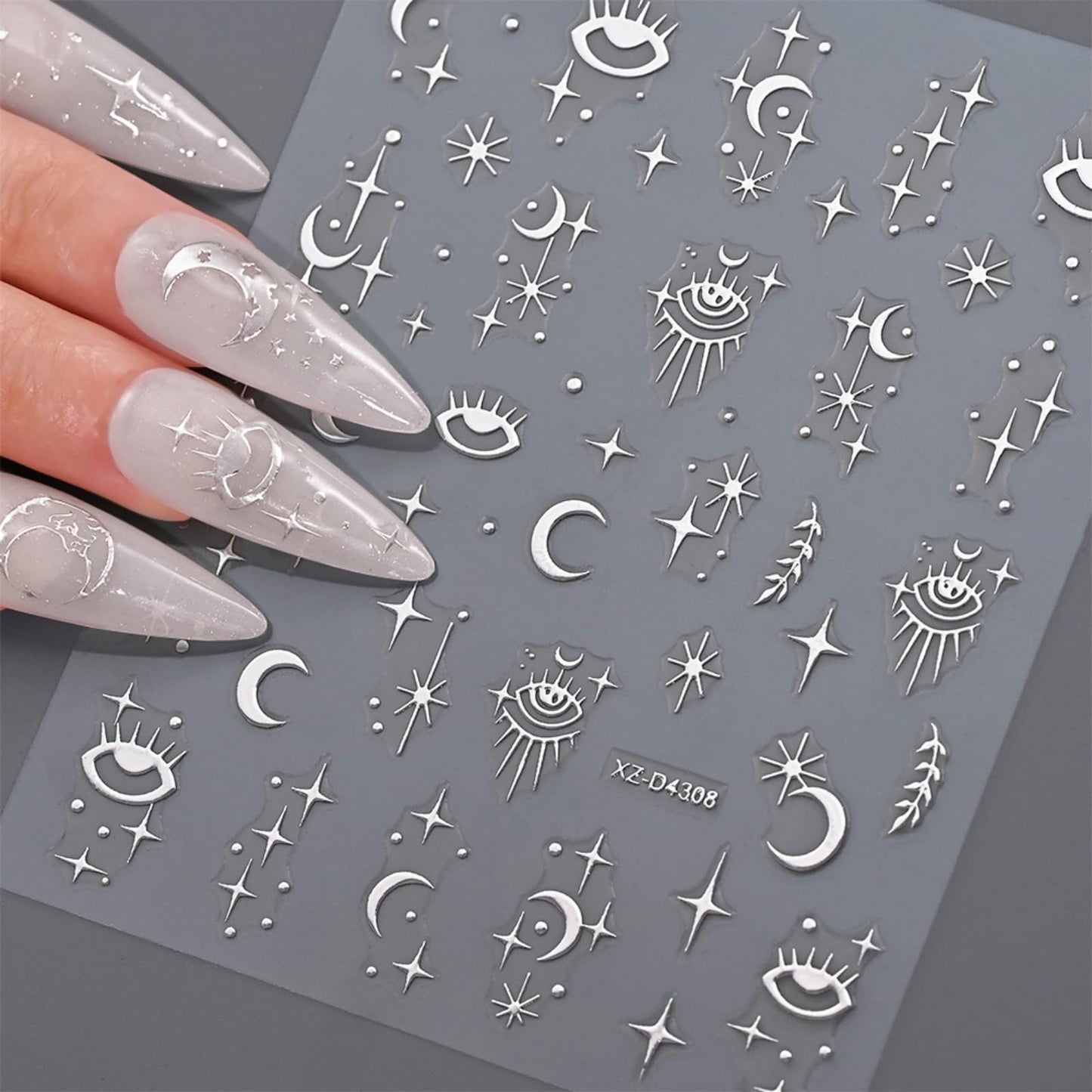 12 Sheets Laser Silver Nail Art Stickers, 3D Self-Adhesive Sun Moon Stars Designs Nail Sticker Acrylic Manicure Decals Decorations Accessory for Women Girls