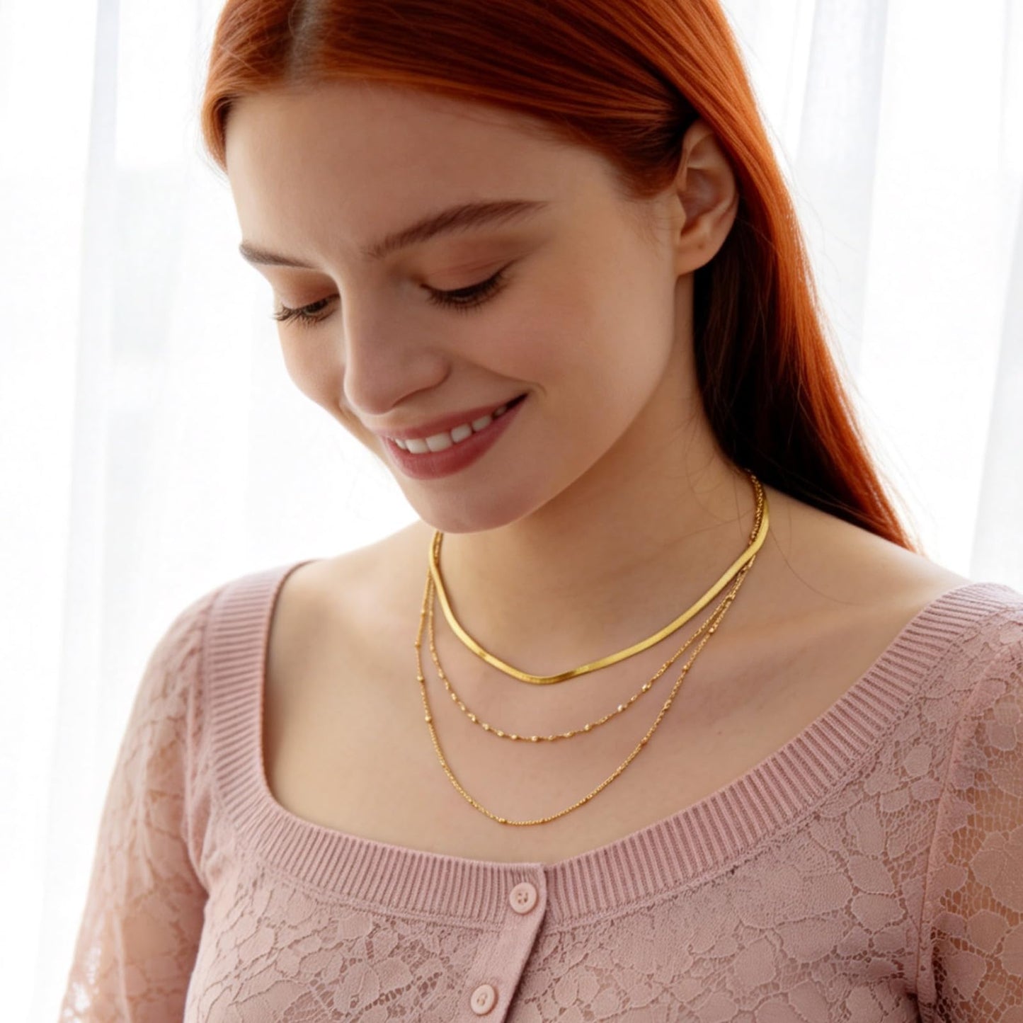 Layered Necklaces for Women, 18K Gold Plated Dainty Multi Layering Necklaces for Women Stackable Trendy Thin Satellite Chain Singapore Necklace Snake Chain Simple Herringbone Necklaces Non Tarnish