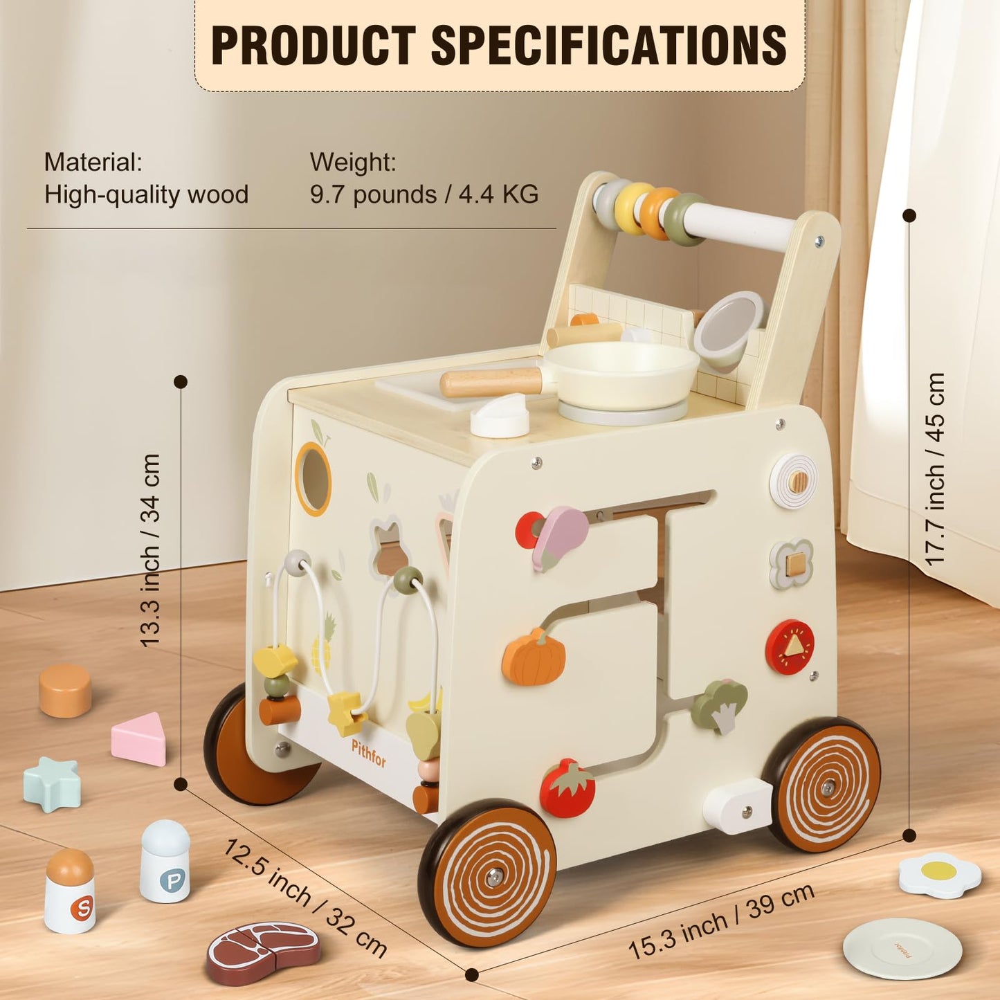 Pithfor Wooden Baby Walker, 3-in-1 Baby Push Walker, with Pretend Kitchen, Montessori Sensory Activity Center, Push Walker Toys for Babies Learning to Walk, Sit-to-Stand