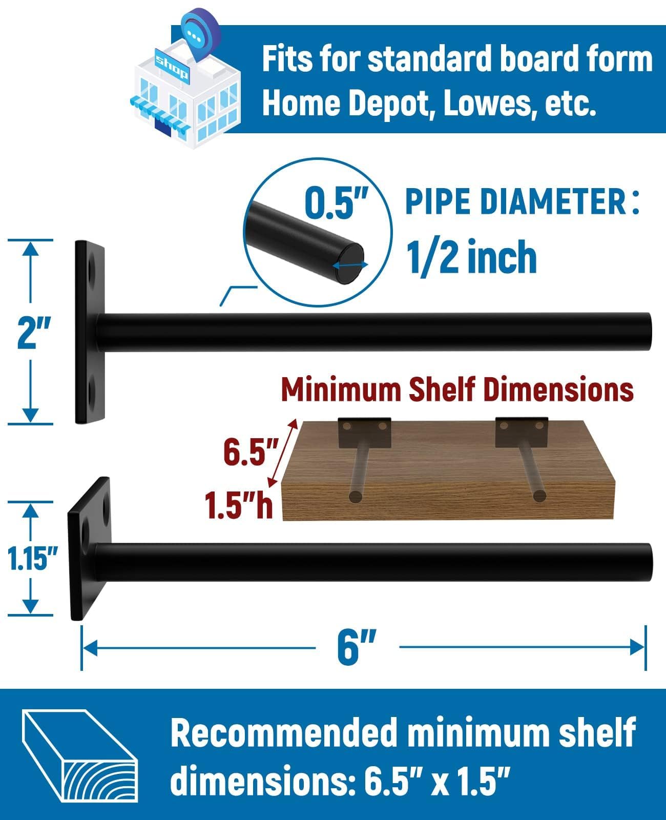 LEOPO 12-Pack 6 inch Floating Shelf Brackets, Hidden Shelf Bracket for Wood, Concealed Blind Shelving Support,Invisible Black Coated Brackets for DIY Decorative,Fit for Kitchen, Bathroom,Study Room