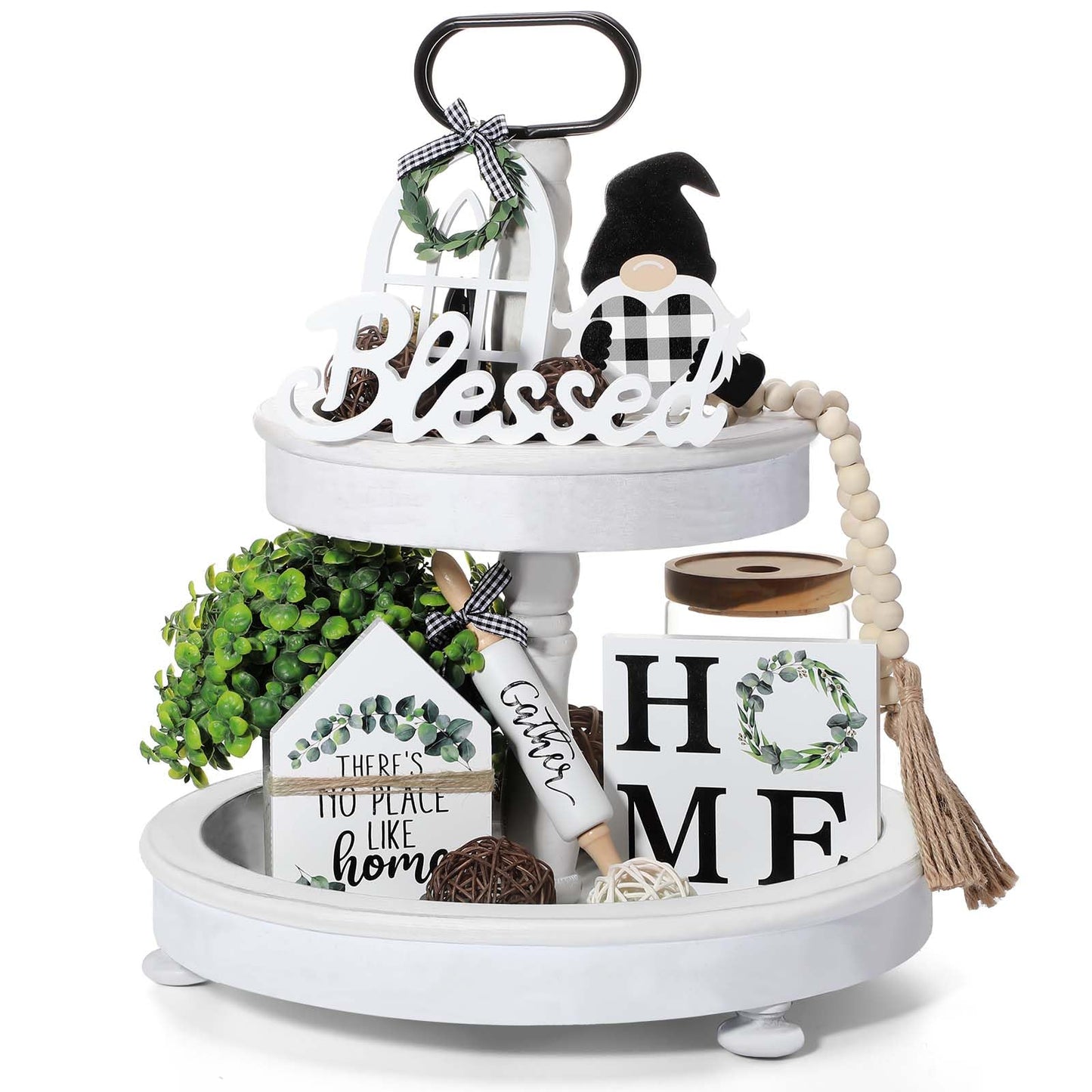 Yalikop 10 Pcs Farmhouse Decor for Tiered Tray, Black White Buffalo Plaid Gnome Wooden Mini Sign Rustic Table Ornaments for Kitchen Table Decor, Housewarming Gift (Cute Style)