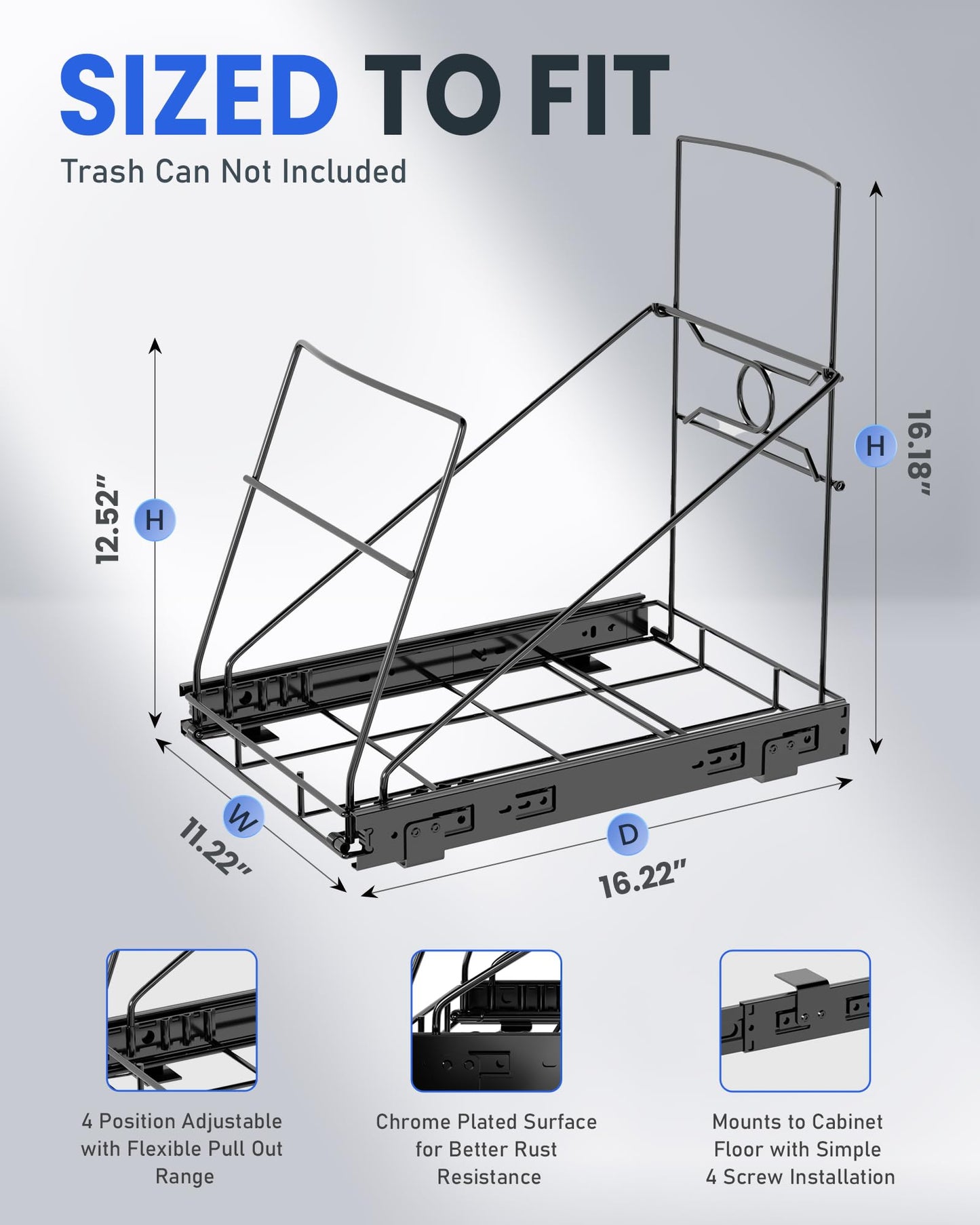 SOCONT Pull Out Trash Can Under Cabinet Adjustable Trash Can Holder for 7 to 11 Gallon Bin Bottom Mount Slide Out Trash Rack for Narrow Cabinets(Black, No Bin Included)