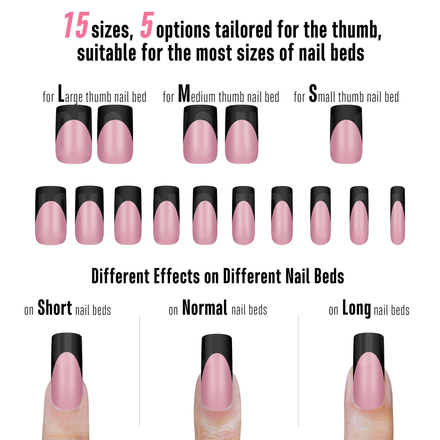 NOVO OVO Halloween Black French Tip Nail Tips Slightly Curved Medium BERRY PINK Full Cover for Press on Acrylic, Extra Thick M Soft Gel False Nail, need Builder Gel Top Coat, for DIY 15 Sizes 240 pcs