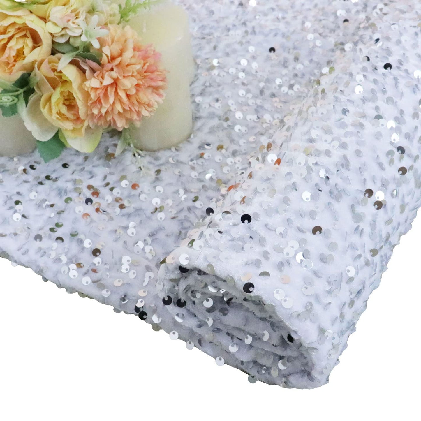 White Fabric Silver Sequin Material Fabric by The Yard 1 Yard Embroidery Sewing Fabric for Crafting Sparkly Metallic Mesh Sequins Fabric Knit Reversible Dress Quilting Fabric for Bridal Clothes Gowns