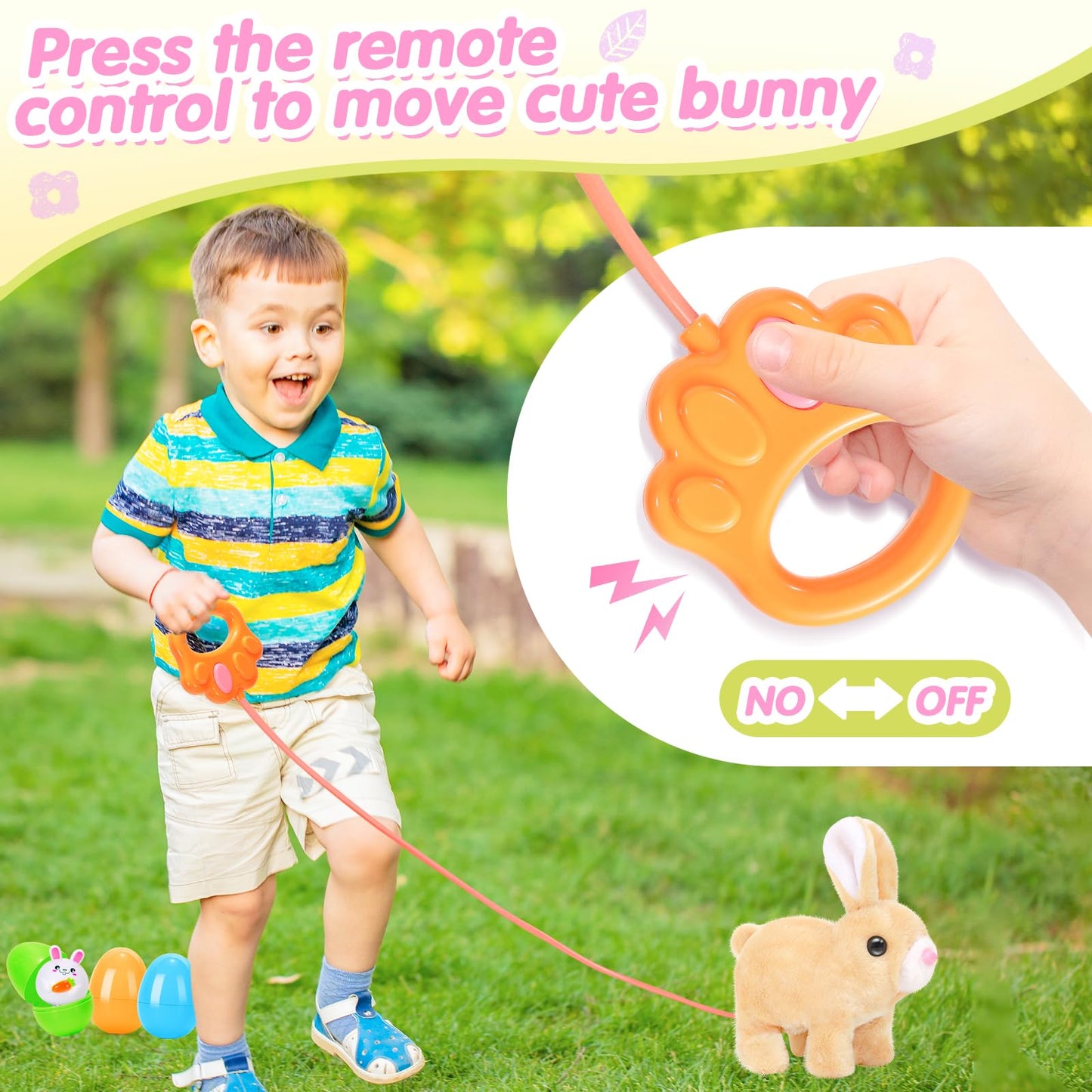 CatchCute Easter Plush Bunny Toys for Kids,Interactive Bunny with Sounds,Can Walk,Wag Tail and Twitch Nose with Remote Control Leash,Easter Eggs with Pull Back Cars,Easter Birthday Gift for Toddlers