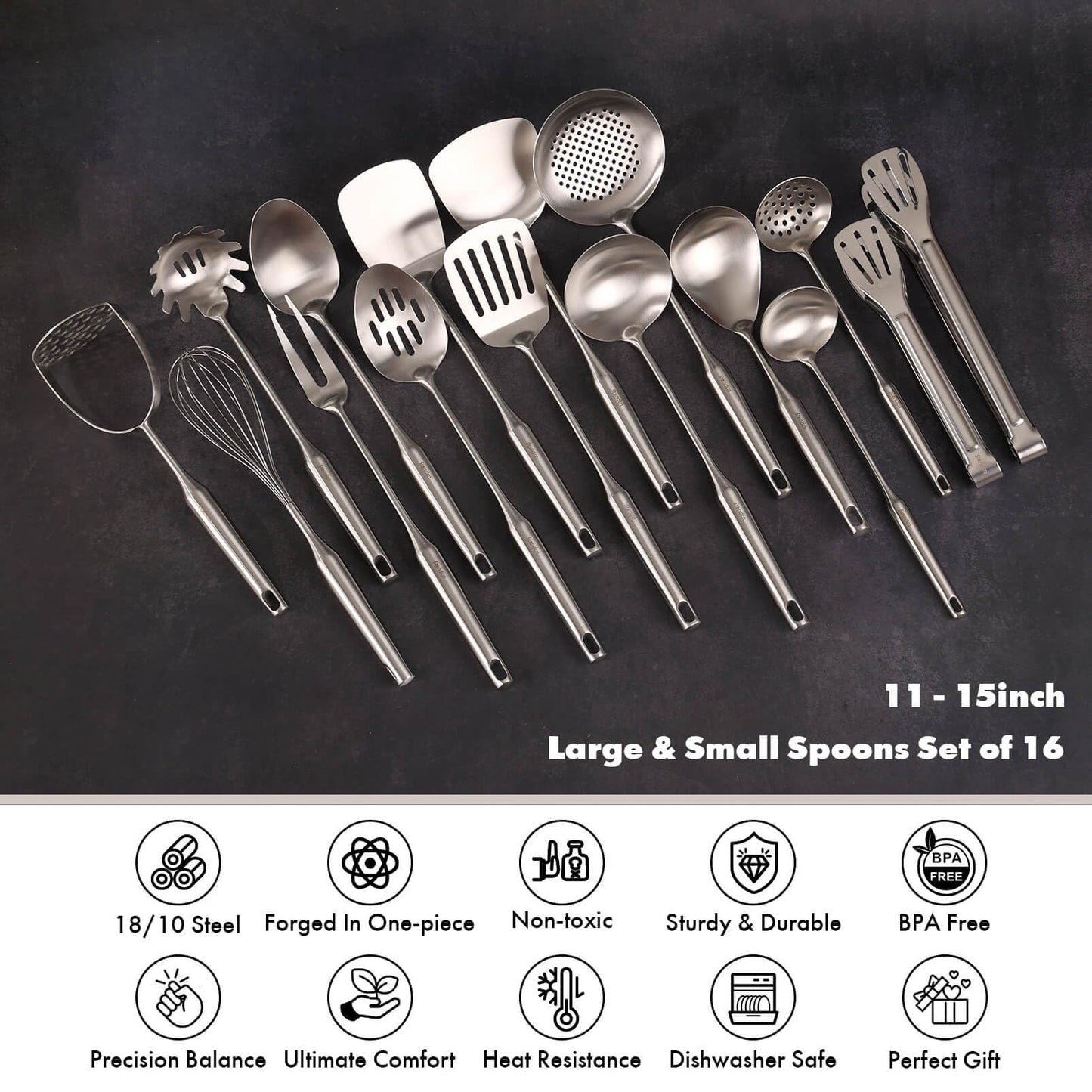 18/10 Stainless Steel Cooking Utensils Set - 16 PCS All Metal Small & Large Kitchen Spoons, Serving Utensils - Whisk, Masher, Fork, Tongs, Solid/Slotted Spoon, Spatula, Turner, Ladle, Skimmer, Pasta