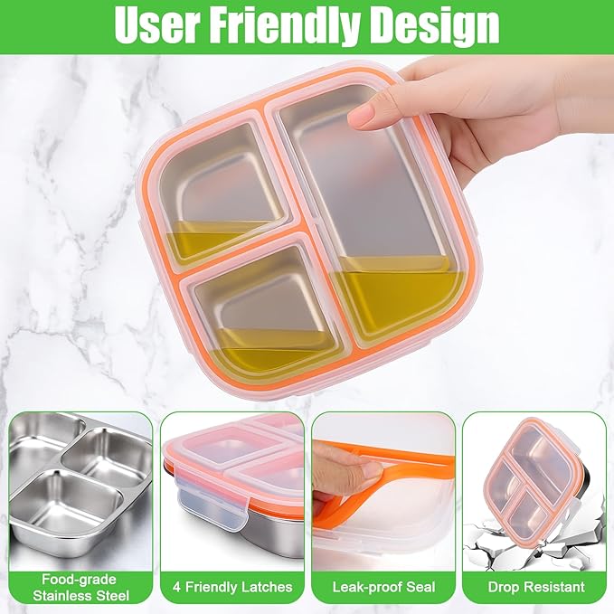 Palksky Snackle Box Container Stainless Steel, 2Pack Reusable Snack Bento Box with Lids, 3 Compartments Metal Food Storage Containers for Picnic, Travel