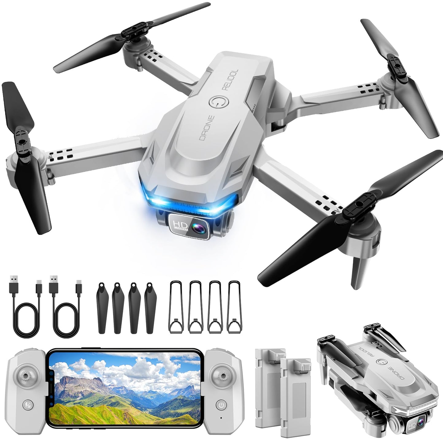 Drone with 1080P Camera - Foldable Remote Control Quadcopter with Gesture Control, 3D Flip, One Key Start, Emergency Stop, 2 Batteries, Easier to use, Toy for Adults Beginners, Grey