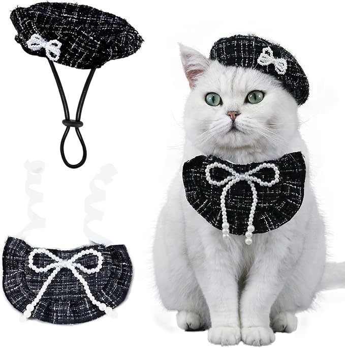 HOWWFALY Adorable Cat Princess Costume Blue Cat Beret with Little Heart & Lace Rabbit Bib Scarf Set, Adjustable Pet Costume for Halloween Christmas Birthday Parties