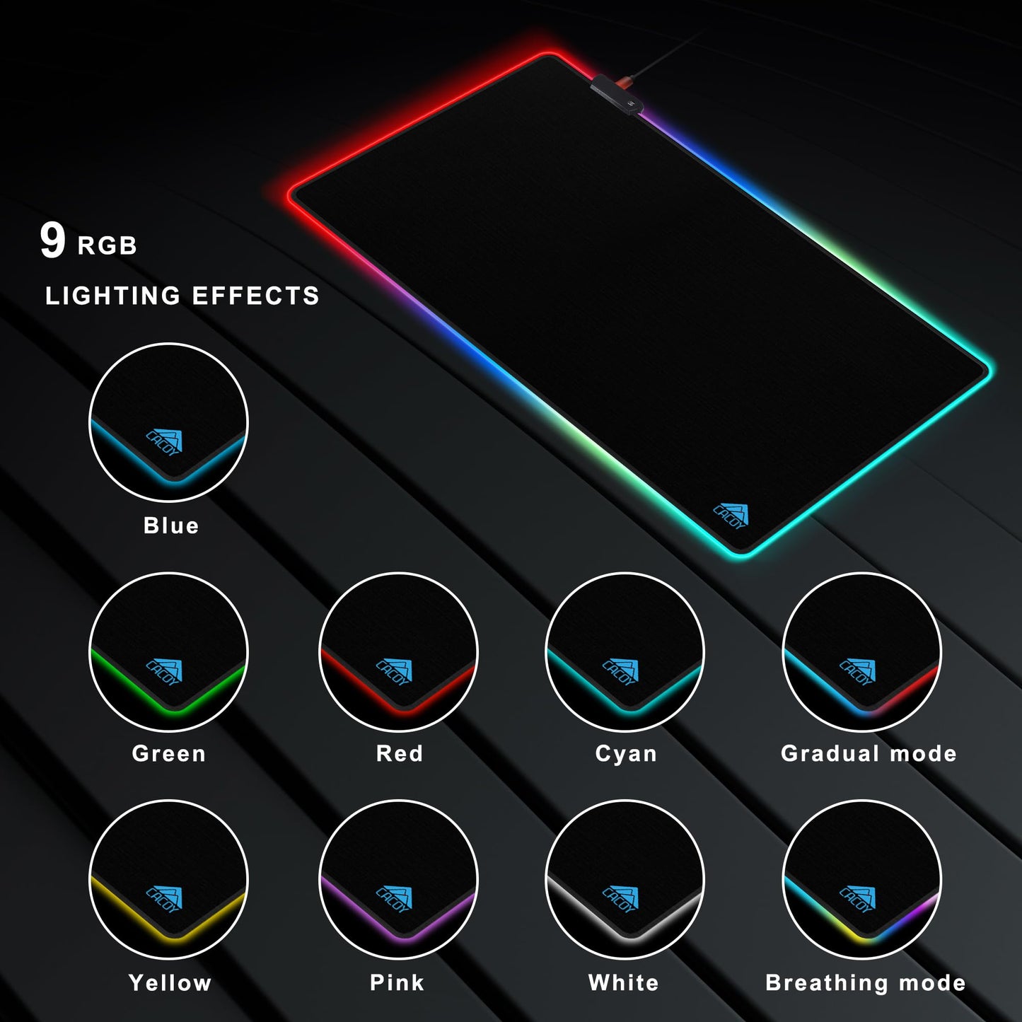 Cacoy 48" x 20" RGB Gaming Mouse Pad XXL, Large LED Mouse Mat with 9 Lights Modes, Lighting Up Desk Mat for Keyboard and Mouse, Extended Desk Pad Protector, Non-Slip Base Mousepad Accessories, Black