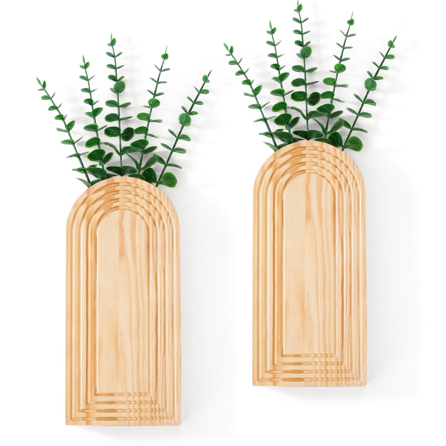 2 Pcs Wooden Wall Vase Set for Decor with 10pcs Artificial Eucalyptus Plants-Boho Hanging Planter Modern Farmhouse Wall Decor for Bathroom Living Room Dining Room Bedroom Kitchen