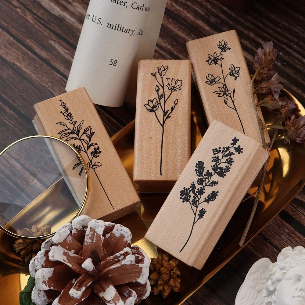 Dizdkizd 8 Pieces Wood Mounted Rubber Stamps, Plant and Flower Decorative Wooden Rubber Stamp Set for DIY Craft, Diary and Craft Scrapbooking