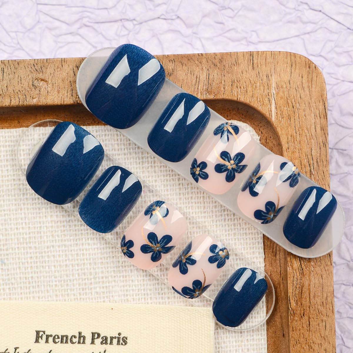 Spring Press on False Nails Blue Fake Nails Short Square Glue on Nails with Gold Chrome Blue Flower Designs Glossy Press ons Stick on Nail for Women Manicure 24Pcs