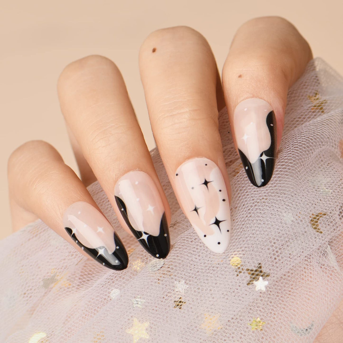 GLAMERMAID Press on Nails Almond，Gothic Blue and Nude Glue on Nails Set,48 Pcs Glossy Short Press on Nails with Butterfly Design,False Nails for Women Girls Gift
