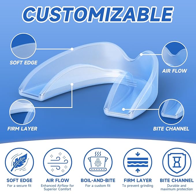 4 Pack Blue Mouth Guards for Women and Men, Large Size, Moldable Night Guards for Teeth Grinding and Clenching, Comfortable Bite Guards, Stylish Custom Dental Guards for Protection