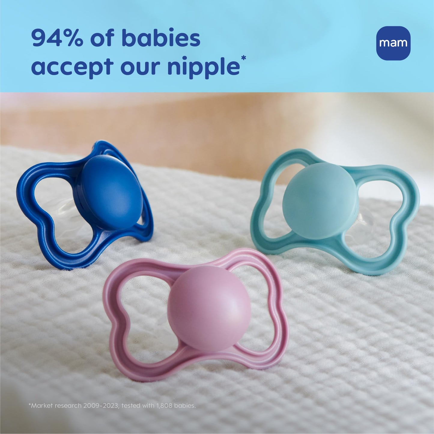 MAM Air Pacifier for Babies 6-16 Months, Extra Air Flow for Sensitive Skin, Developed with Medical Experts, BPA-Free Skin Soft Silicone, 4 Count, Made in Europe