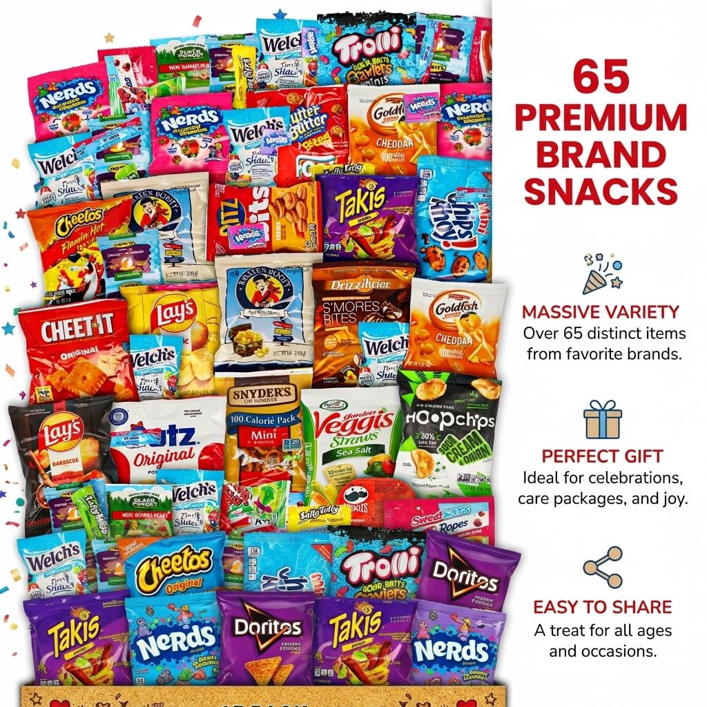 Snack Variety Care Package Gift Box, 65 Count Ready To Gift Assorted Snacks With Cookies Chips Bars Popcorn Crackers For Adults Kids Office Break Rooms School Snacks Camp Snack Gift Birthdays Welcome Gifts Get Well Soon Box