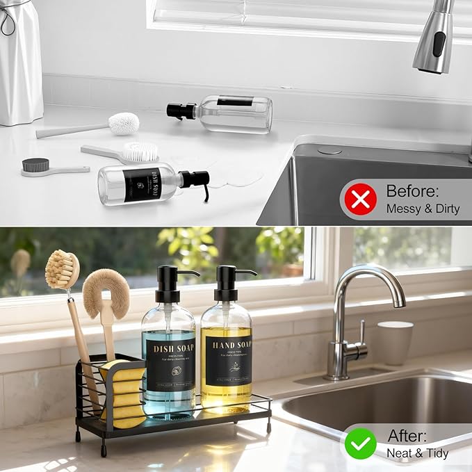 Luxspire Kitchen Soap Dispenser Set - 17oz Hand and Dish Soap Dispenser Set with Fast Drying Tray, Glass Bottle with Waterproof Labels, Kitchen Sink Organizer, Bathroom Countertop Organizer, Black