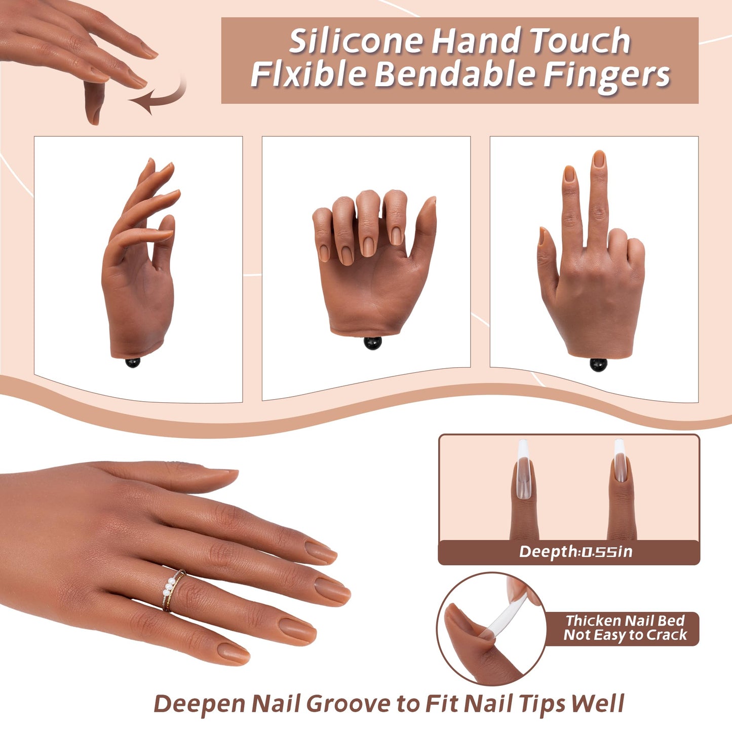 Veikmv Practice Hand for Acrylic Nails, Realistic Silicone Training Hand with Flexible Fingers for Nail Art Practice,Professional Mannequin Hand Model Kit for Gel Polish