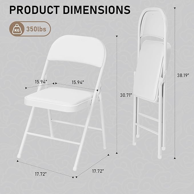 SEALAMB 6 Pack White Folding Chairs with Padded Seats & Cushion, Durable Metal Foldable Chairs for Wedding Party, Commercial Chairs for Office School Church Events, 330lb Capacity (White-PU, 6 Pack)