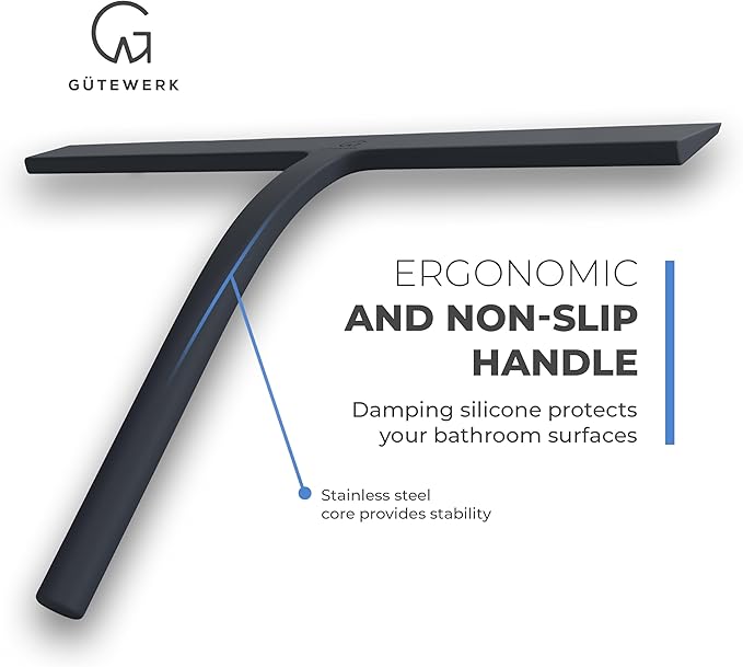 GÜTEWERK Shower Squeegee for Glass Doors, Silicone Window Squeegee, Bathroom and Glass Cleaning - Black - 13 Inch