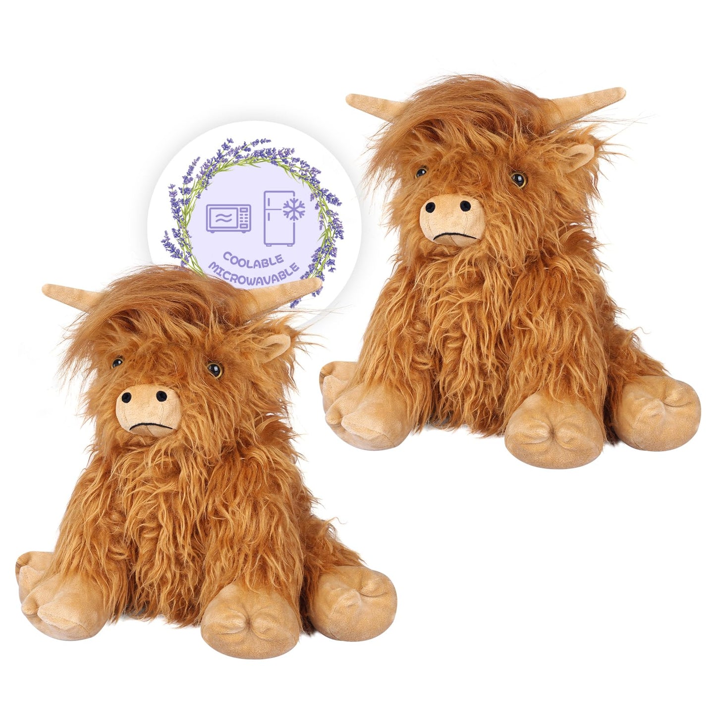 SuzziPals 2Pcs Heatable & Coolable Highland Cow Stuffed Animal Plushie, Microwavable Heating Pad for Soothing & Relaxation, Lavender Scented Cattle Plush Toys for Stress Relief, Stuffed Cow Gifts