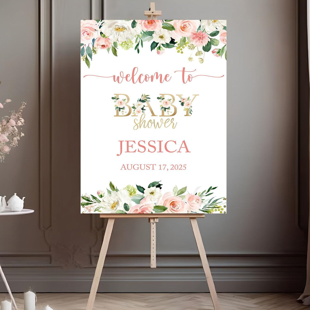 Personalized Baby Shower Sign, Floral Baby Shower Sign, Blush Pink Floral Baby Shower Sign, Baby Shower Decorations, Wildflower Baby Shower Welcome Sign, Baby Shower Sign, Plastic Sign Full Size