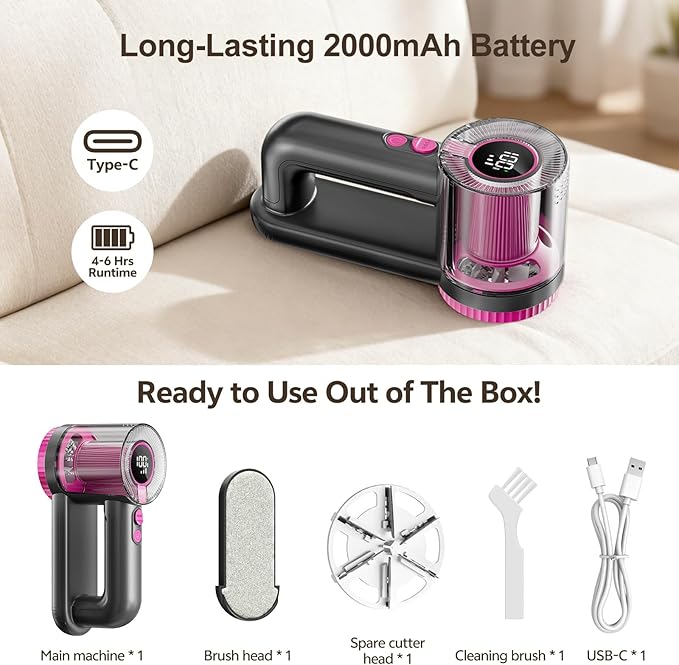 Rechargeable Fabric Shaver, 2-in-1 Lint Remover for Clothing, Furniture, Sweater with 6-Blade, 200ml Container, LED Display, 2000mAh USB-C, 3-Speed Lint Shaver Eliminates Fuzz & Pilling