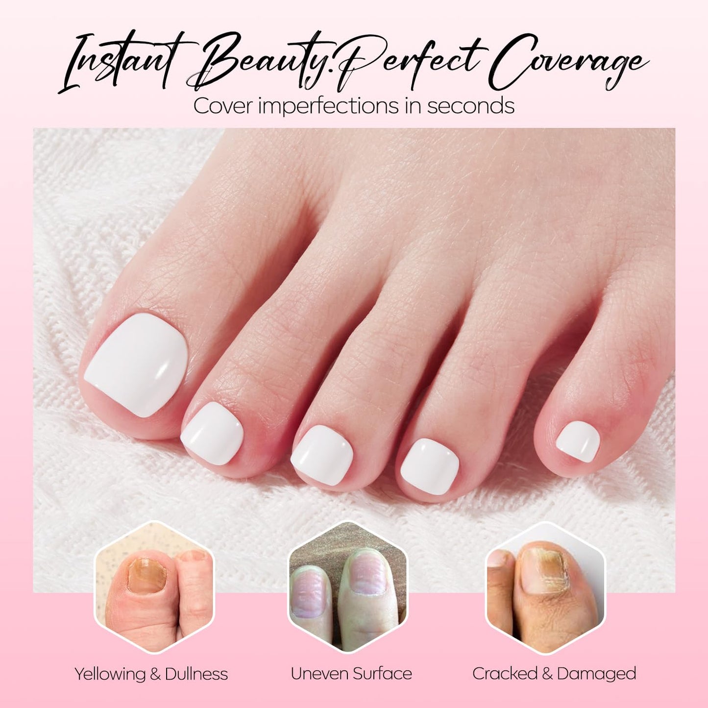Modelones Press on Toenails Short, White Toe Press on Nails Square, Reusable Nail Kit with Nail Glue Adhesive Tabs Mini Nail File, Toe Nails 36Pcs 18Sizes, Spring Summer Women Girl Gift