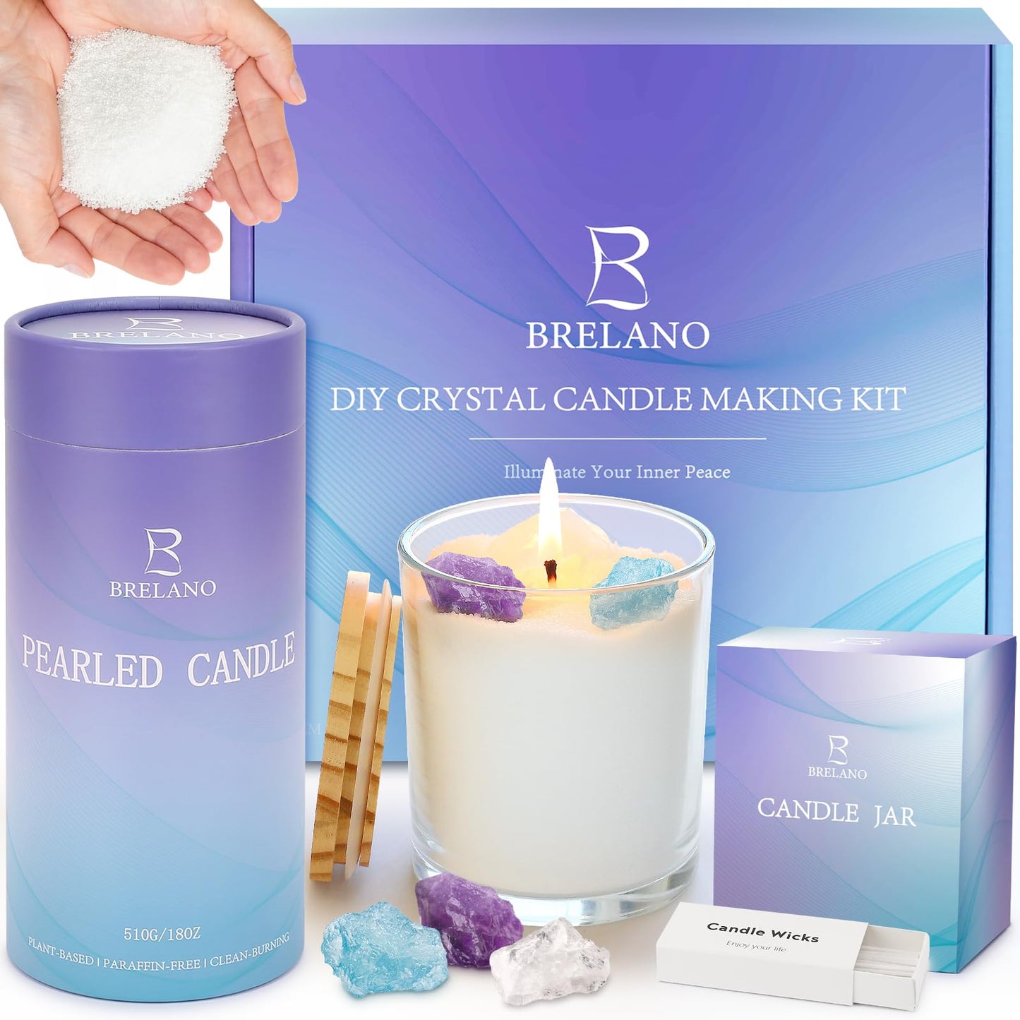 BRELANO Crystal Candle Making Kit – No-Melt Candle Sand, 18 oz Pearled Wax, 30 Cotton Wicks, 3 Natural Crystals & Refillable Glass Jar – DIY Candle Gift Set for Women & Home Decor,mom Gift